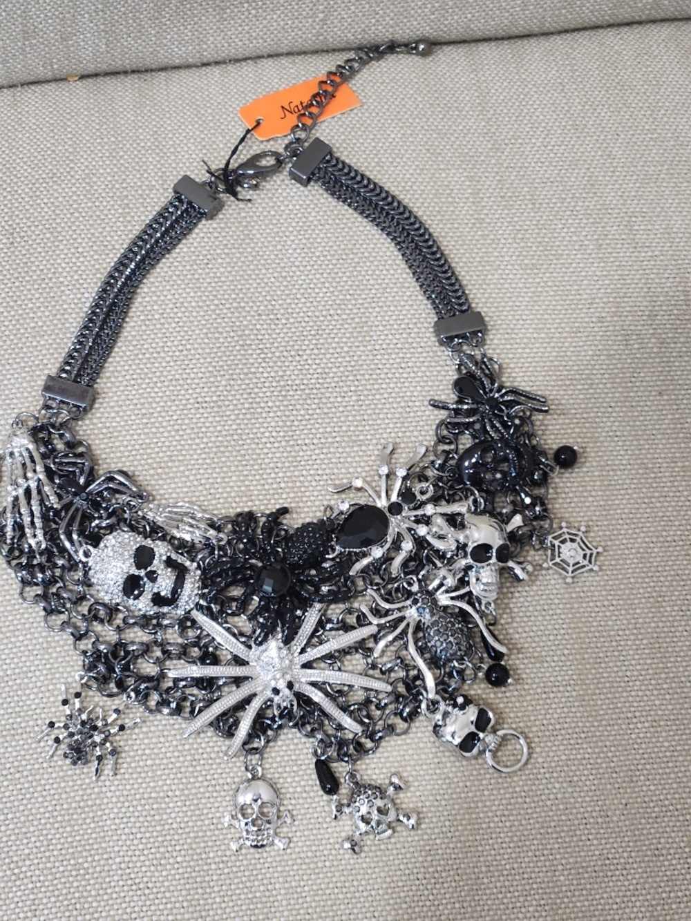 Natasha Hematite Halloween Bib Statement Necklace Crystals, Spiders, Skeletons,